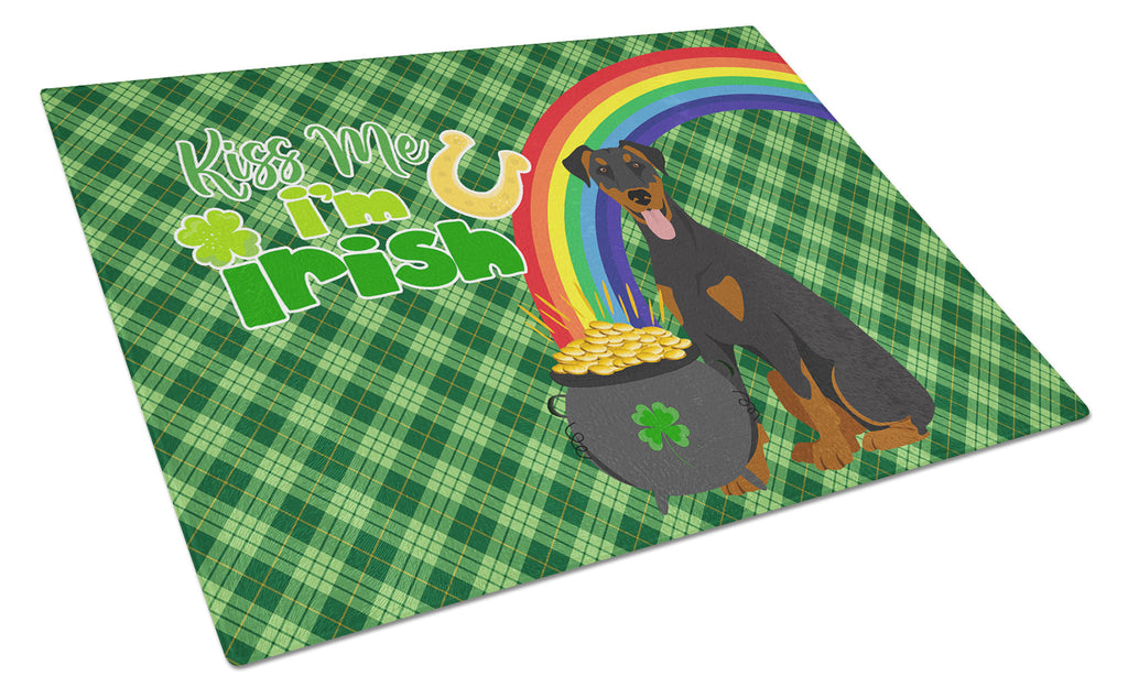 Natural Ear Black and Tan Doberman Pinscher St. Patrick's Day Cutting Board Tempered Glass Kitchen Cutting Surface, Heat Resistant Chopping, Non-Slip Feet, Food Prep & Serving