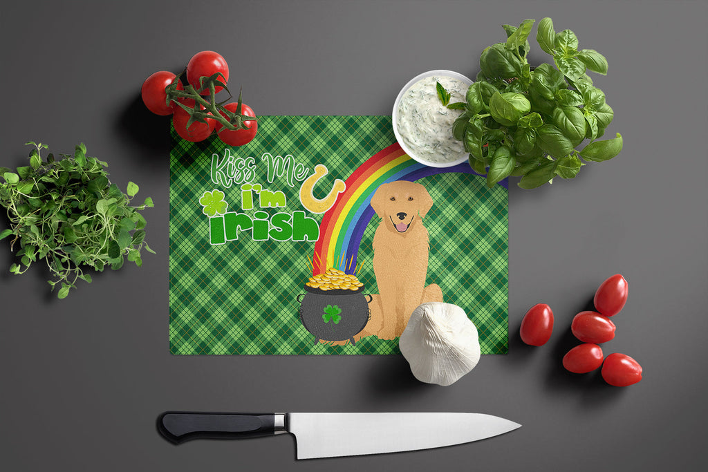 Gold Golden Retriever St. Patrick's Day Cutting Board Tempered Glass Kitchen Cutting Surface, Heat Resistant Chopping, Non-Slip Feet, Food Prep & Serving
