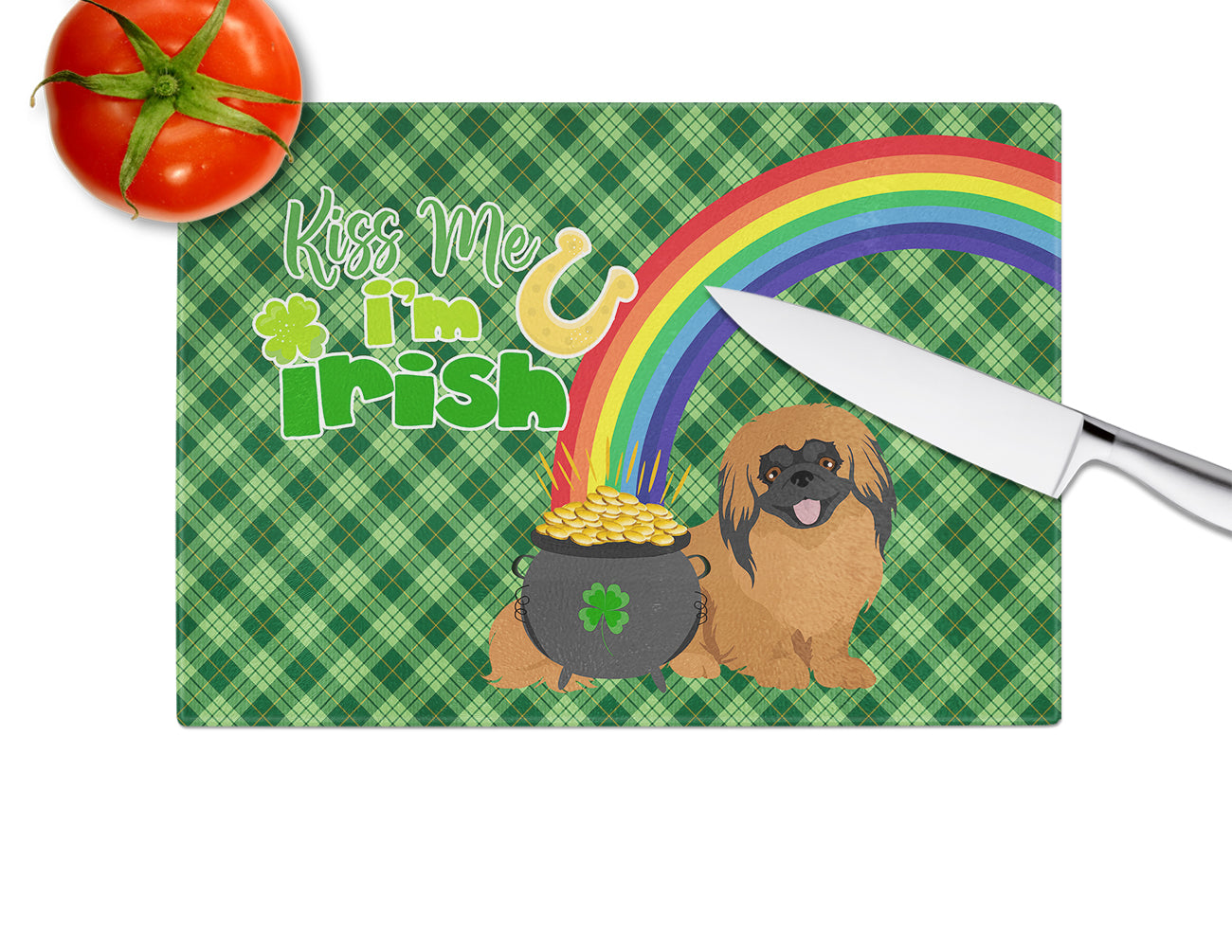 Red Pekingese St. Patrick's Day Cutting Board Tempered Glass Kitchen Cutting Surface, Heat Resistant Chopping, Non-Slip Feet, Food Prep & Serving