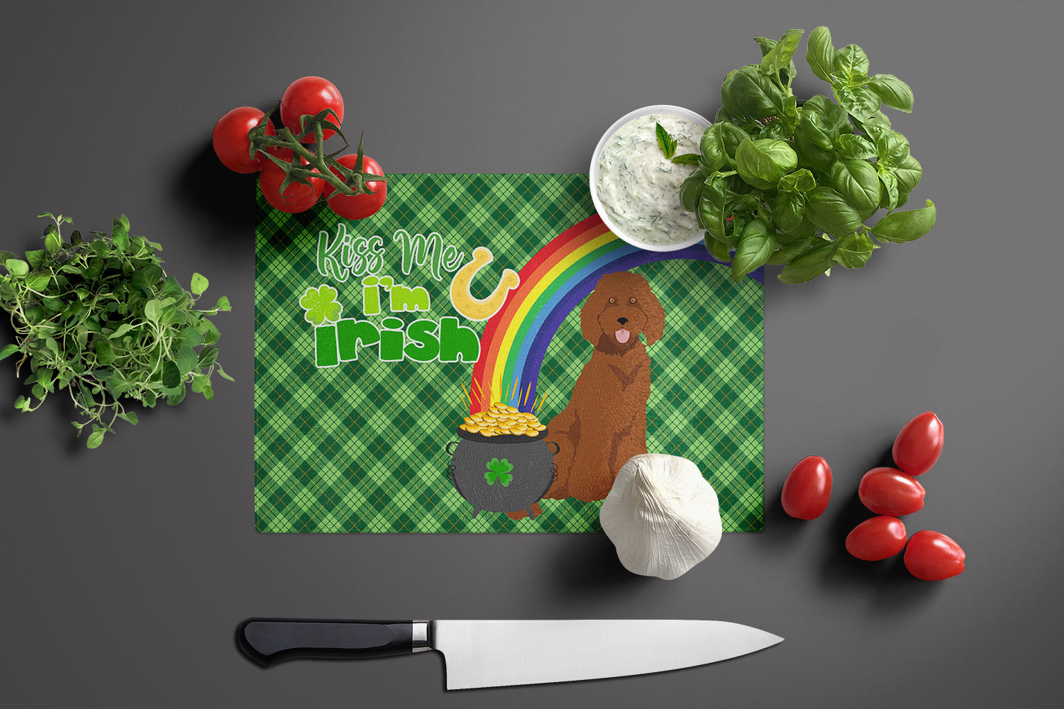 Standard Red Poodle St. Patrick's Day Cutting Board Tempered Glass Kitchen Cutting Surface, Heat Resistant Chopping, Non-Slip Feet, Food Prep & Serving