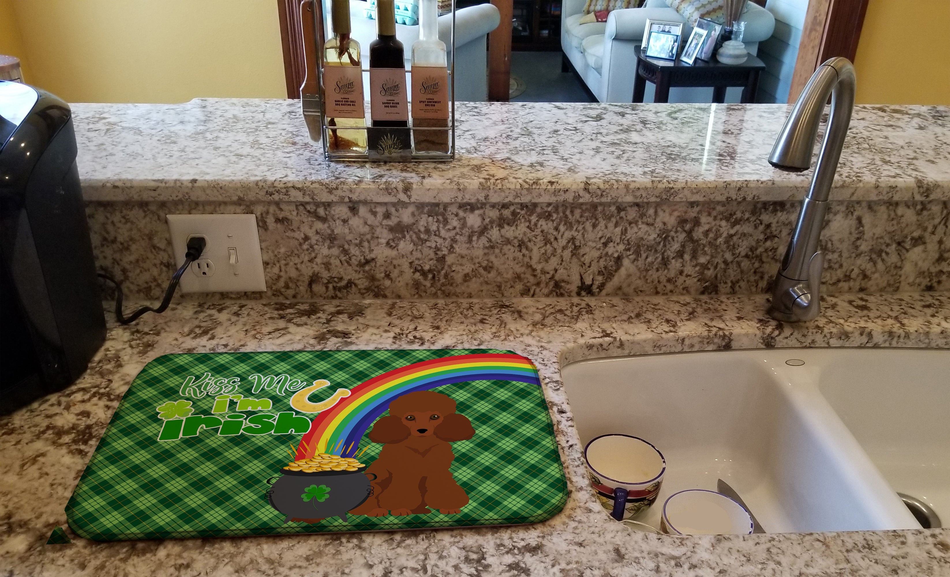 Toy Red Poodle St. Patrick's Day Dish Drying Mat Absorbent Dish Drying Mat Pad for Kitchen Counter Dish Drainer Mat for Countertop, 14 x 21", Multicolor