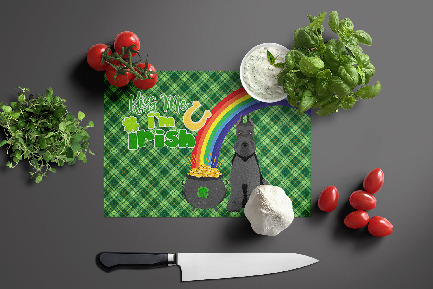 Black Schnauzer St. Patrick's Day Cutting Board Tempered Glass Kitchen Cutting Surface, Heat Resistant Chopping, Non-Slip Feet, Food Prep & Serving