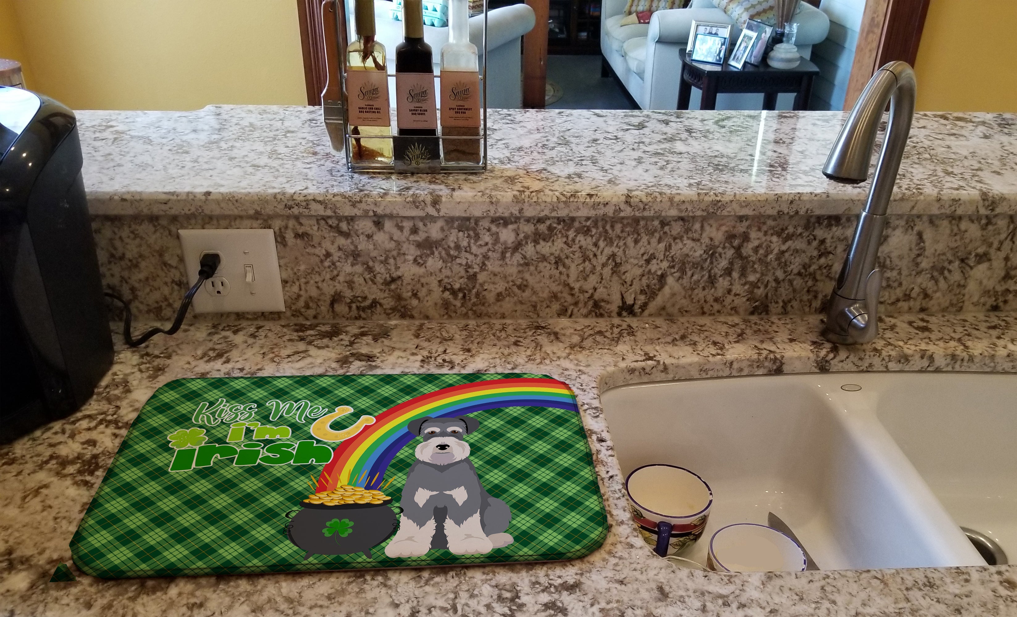 Salt Pepper Natural Ears Schnauzer St. Patrick's Day Dish Drying Mat Absorbent Dish Drying Mat Pad for Kitchen Counter Dish Drainer Mat for Countertop, 14 x 21", Multicolor