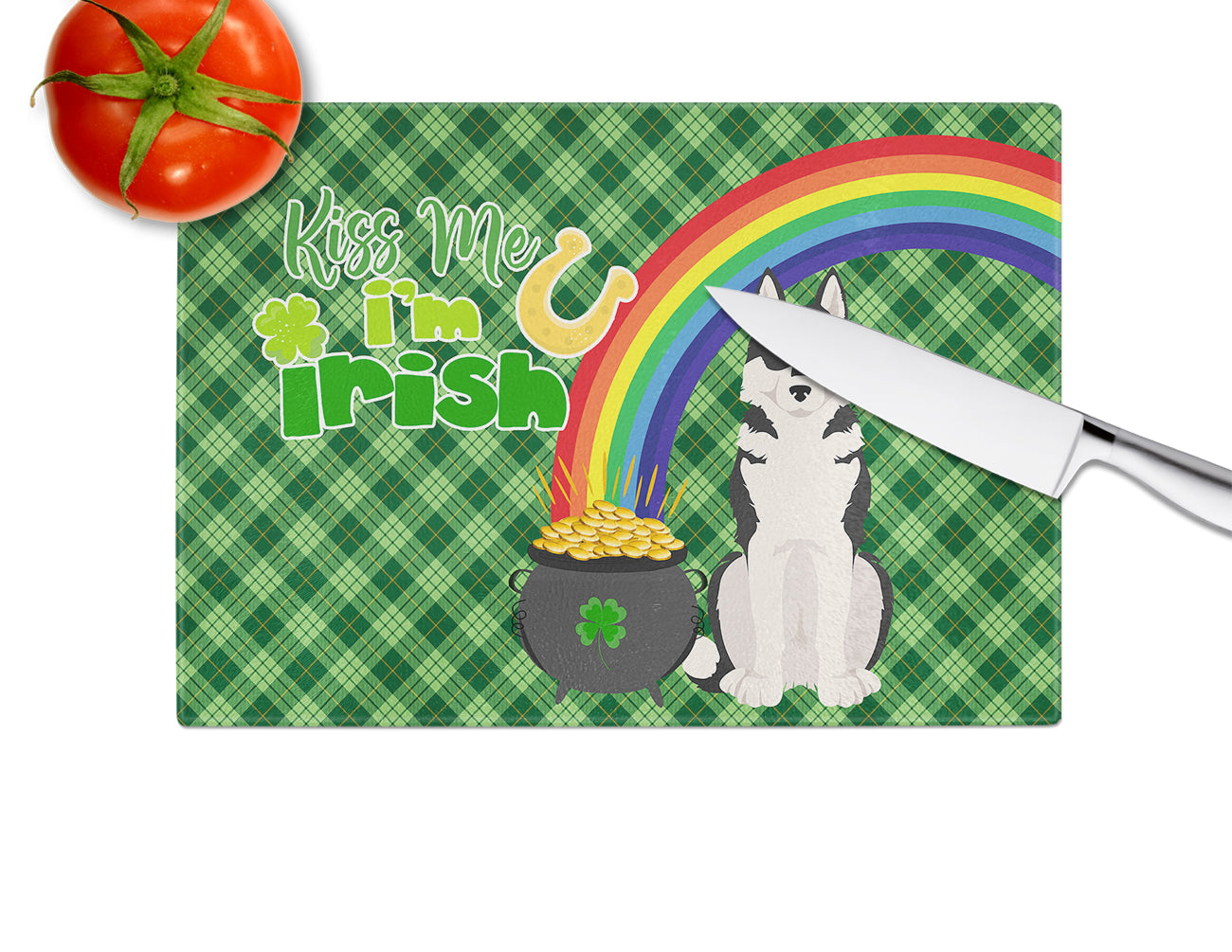 Black Siberian Husky St. Patrick's Day Cutting Board Tempered Glass Kitchen Cutting Surface, Heat Resistant Chopping, Non-Slip Feet, Food Prep & Serving