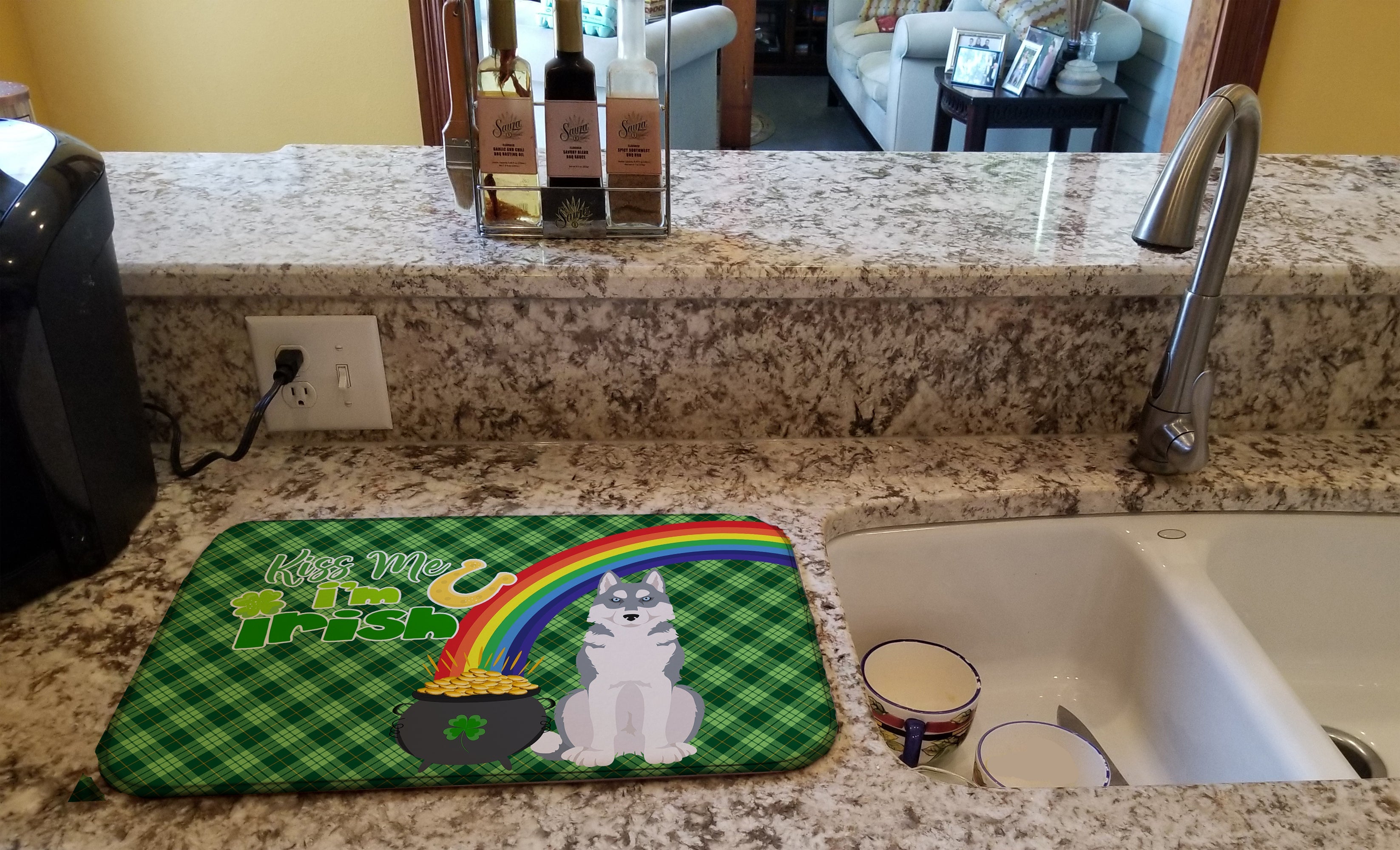 Grey Siberian Husky St. Patrick's Day Dish Drying Mat Absorbent Dish Drying Mat Pad for Kitchen Counter Dish Drainer Mat for Countertop, 14 x 21", Multicolor