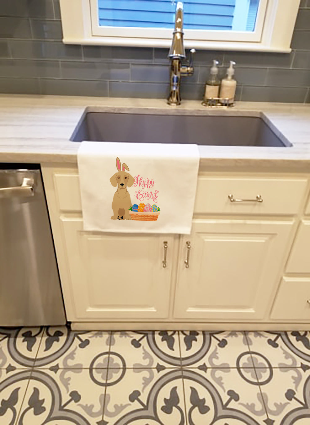 Cream Dachshund Easter Kitchen Towel Set of 2 White Dish Towels Decorative Bathroom Hand towel for Hand, Face, Hair, Yoga, Tea, Dishcloth, 19 X 28", White