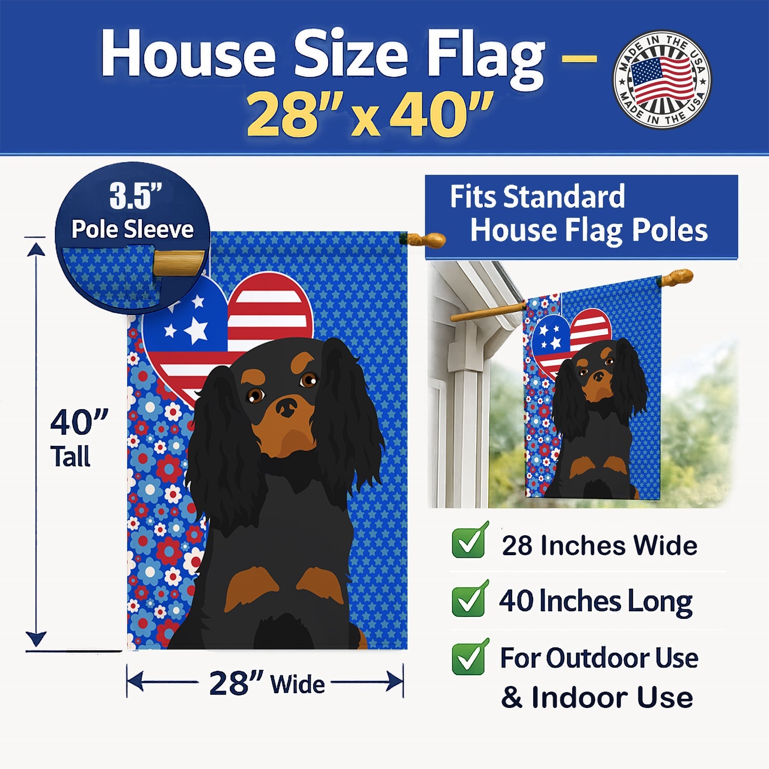 Black and Tan Cavalier Spaniel USA American House Flag 28x40 Porch Sleeve Pole Decorative Outside Yard Banner Artwork Wall Hanging, Polyester