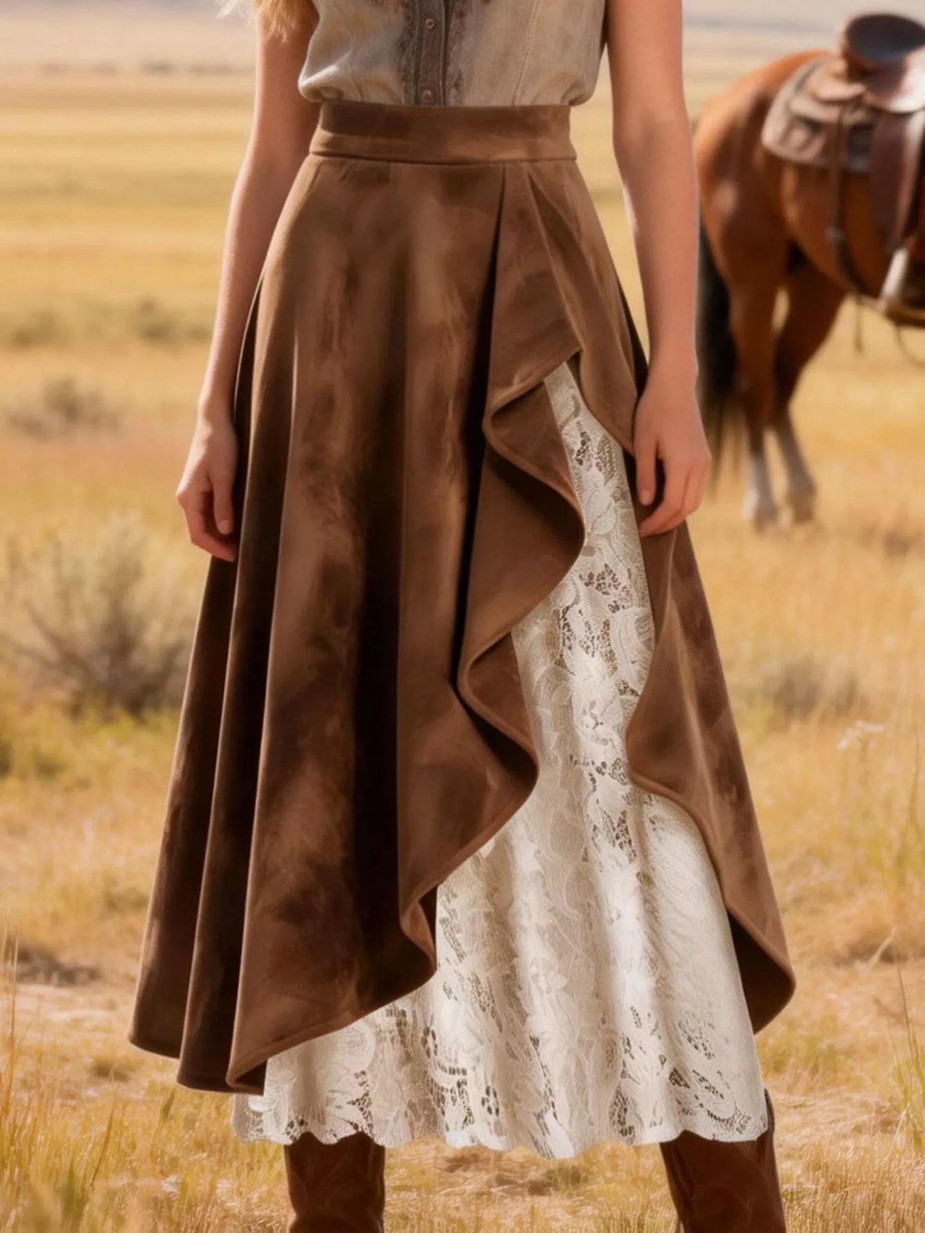 Suede & Lace Midi Skirt