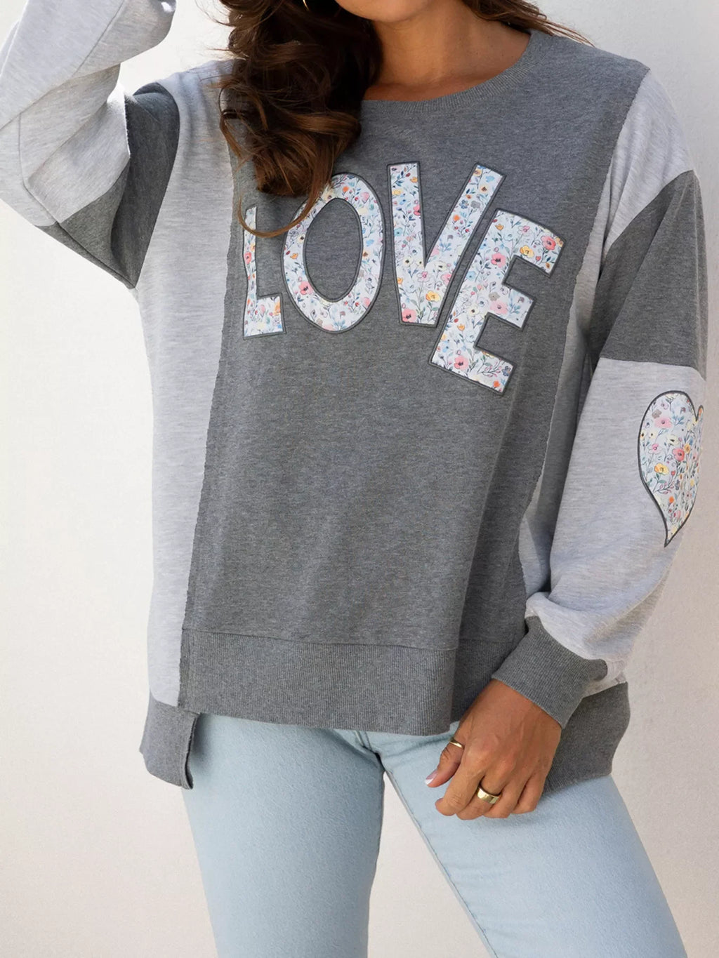 LOVE Graphic Exposed Seam Patchwork Uneven Hem Chic Sweatshirt