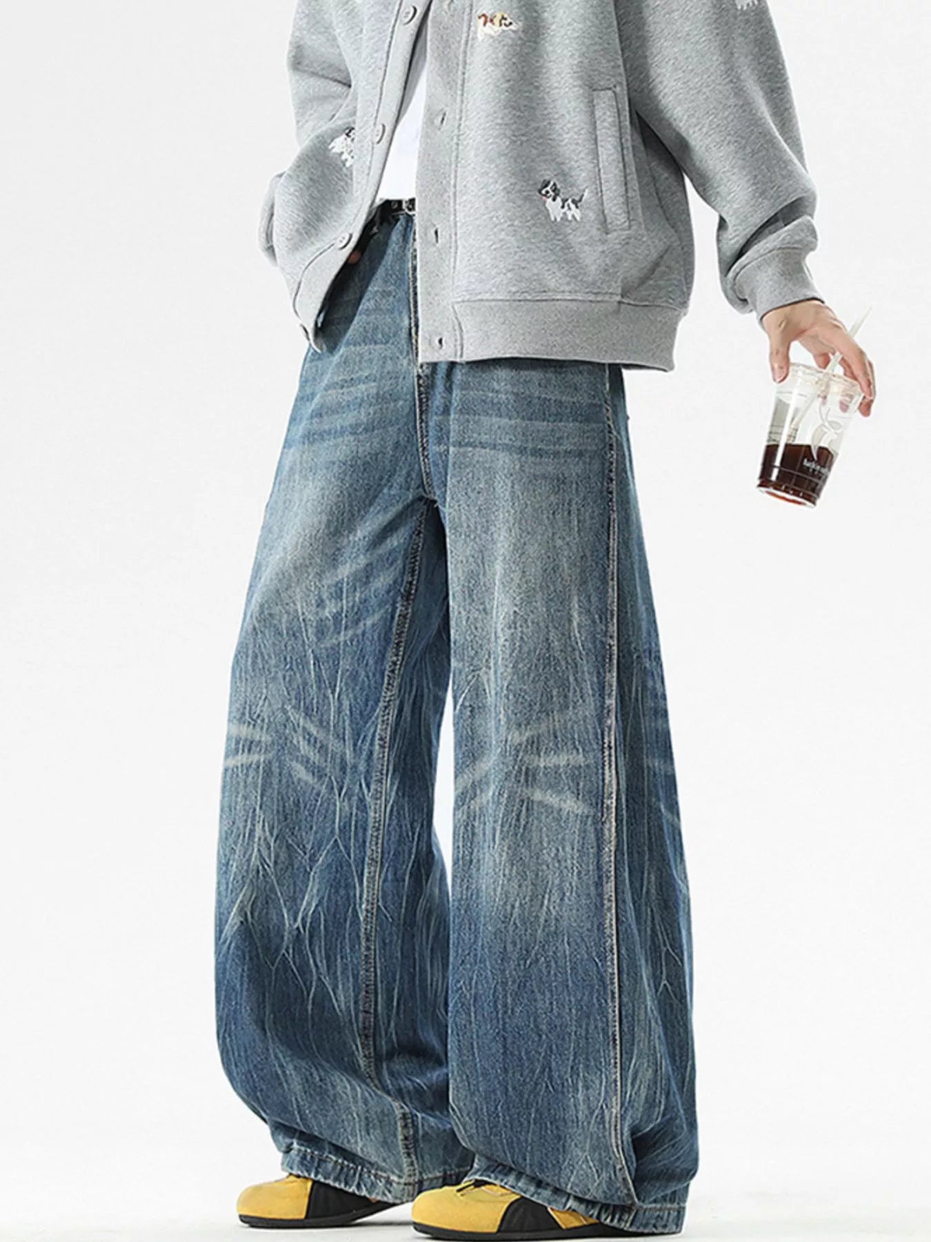 Men's Full Size Vintage Wash Wide Leg Jeans Plus Size