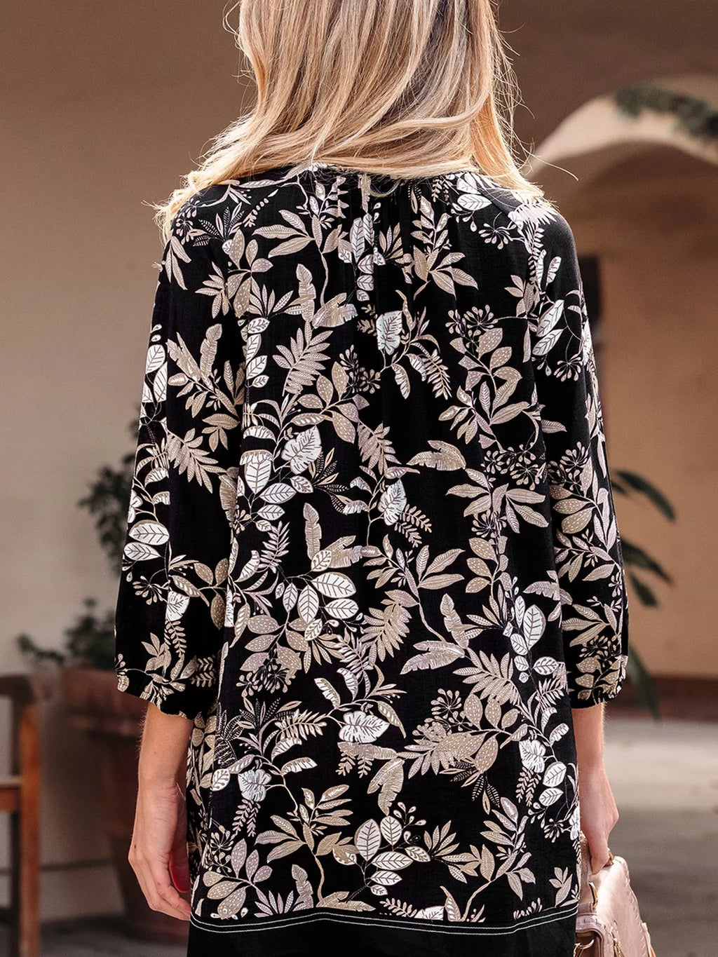 3/4 Sleeve Botanical Print Split Neck Loose Mini Dress
