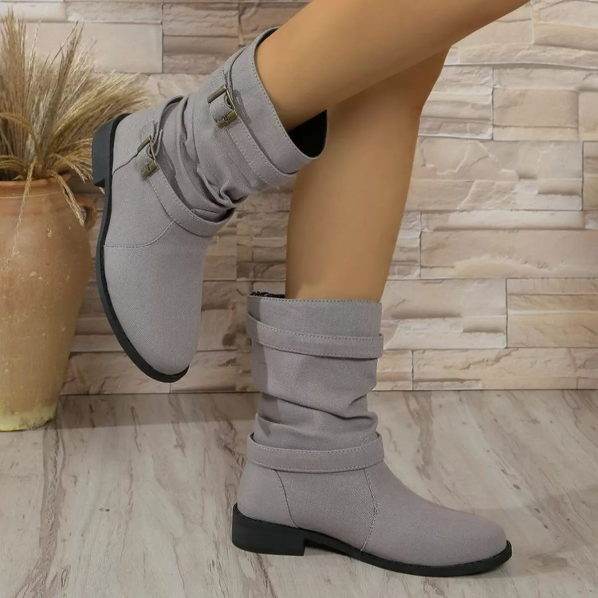 Buckle Accent Block Heel Boots