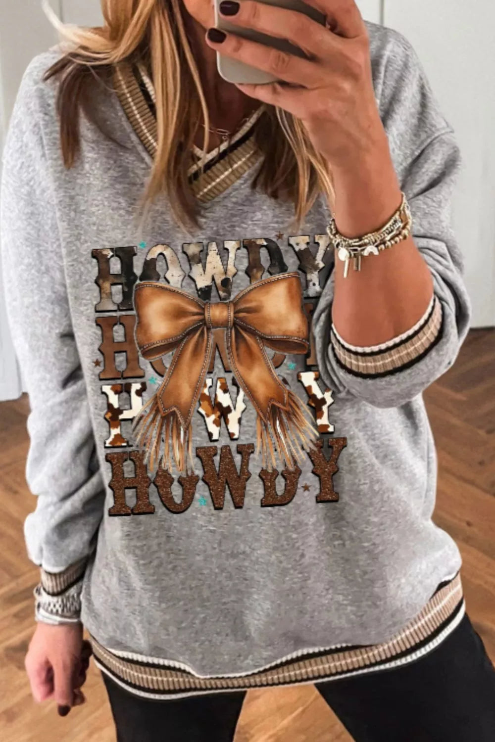 Howdy Graphic V-Neck Sweatshirt