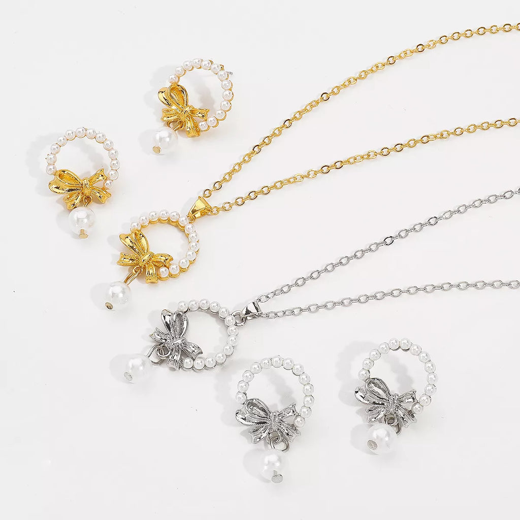 Bowknot Pearl Earrings and Pendant Necklace Jewelry Set