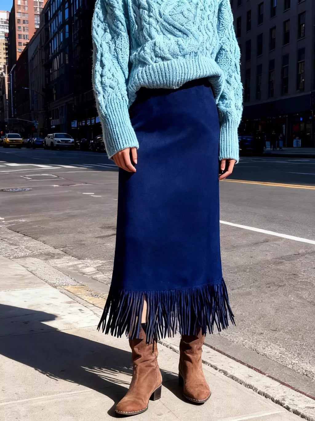 Suede Fringe Midi Skirt