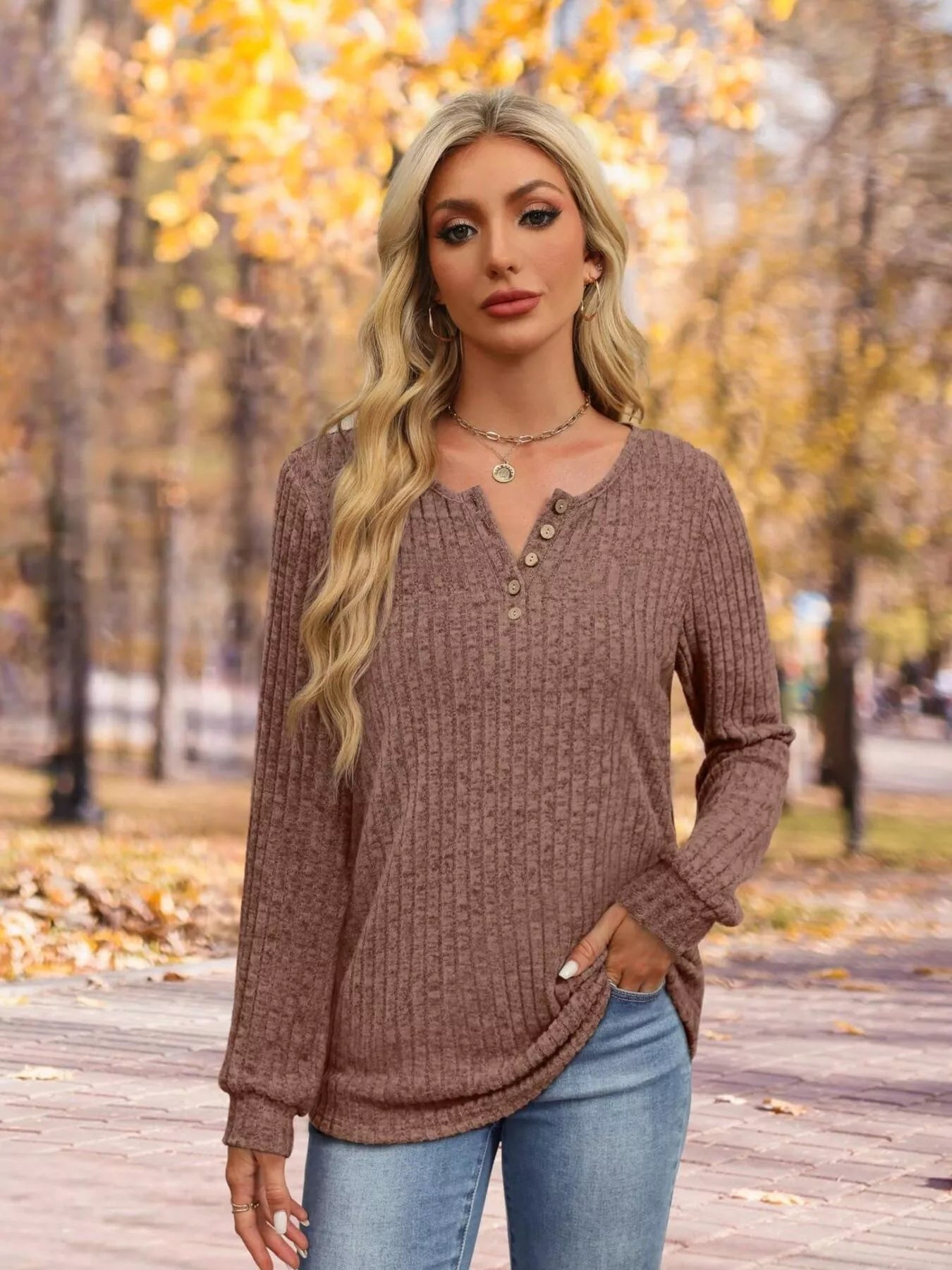 Ribbed Knit Button-Front Long Sleeve T-Shirt
