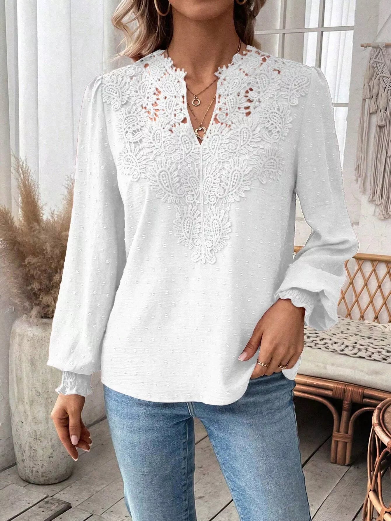 Lace Trim Long Sleeve Blouse