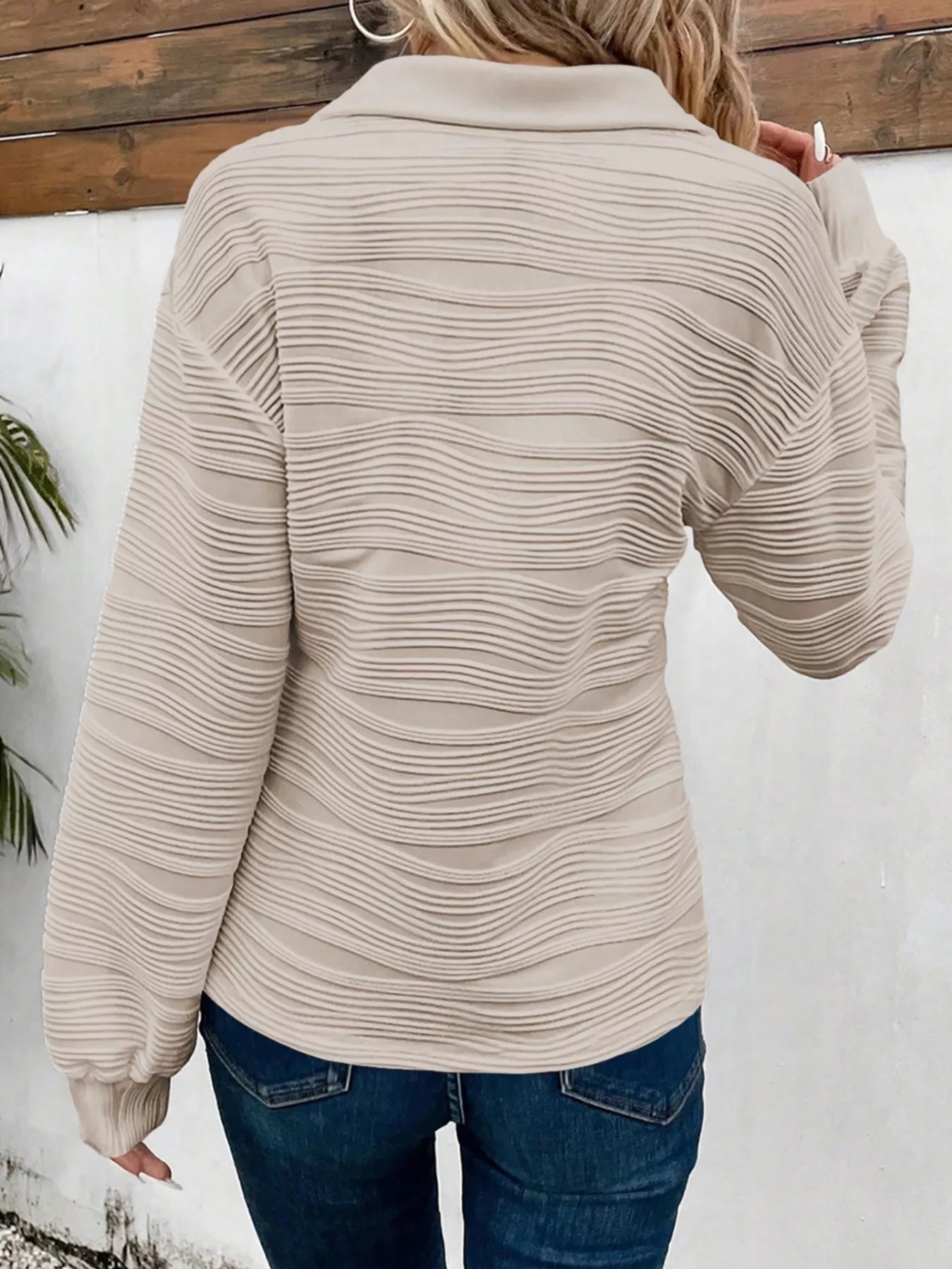 Solid Color Textured Zip V Neck Pullover Sweatshirt
