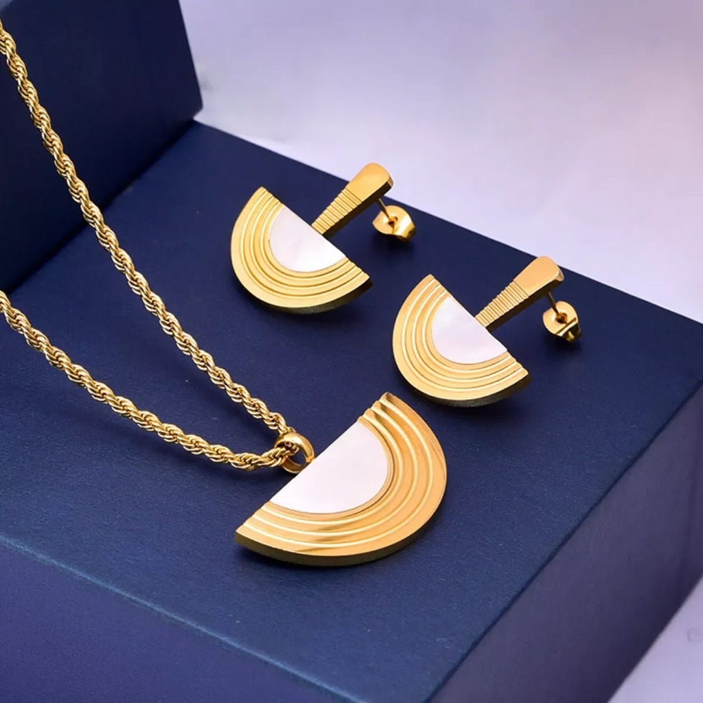 Geometric Half-Circle 18K Gold Plated Necklace Ring and Earrings Jewelry Set