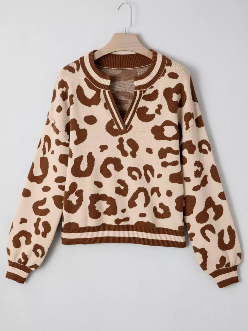 Leopard Knit Notched Casual Sweater