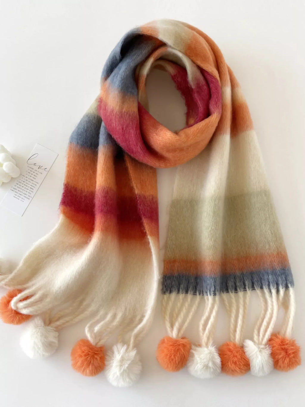 Rainbow Striped Fuzzy Scarf with Pom-Poms