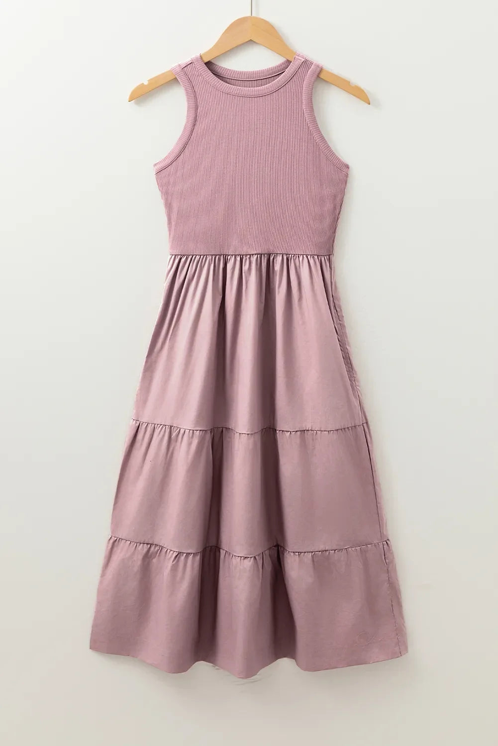 Ribbed Vest Patchwork Tiered Midi Dress with Pockets