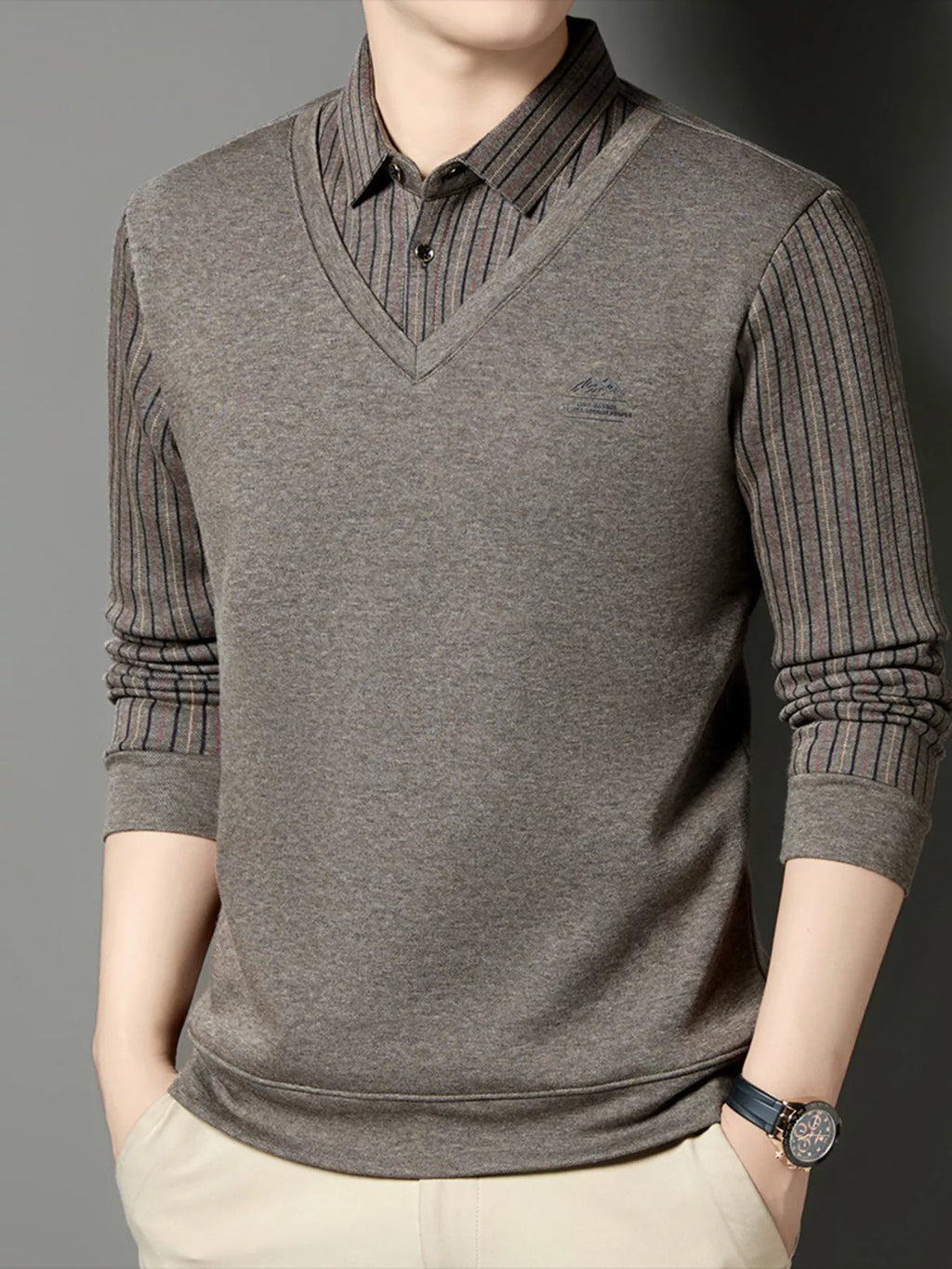 Men's Plus Size Striped Long Sleeve Polo