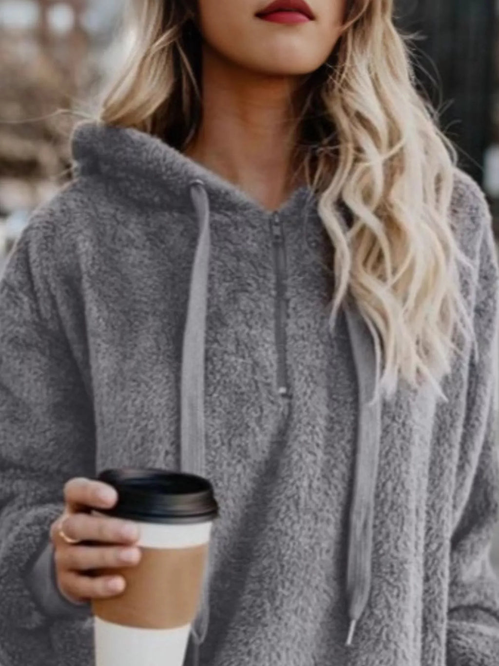 Full Size Half Zip Drawstring Fleece Hoodie Plus Size