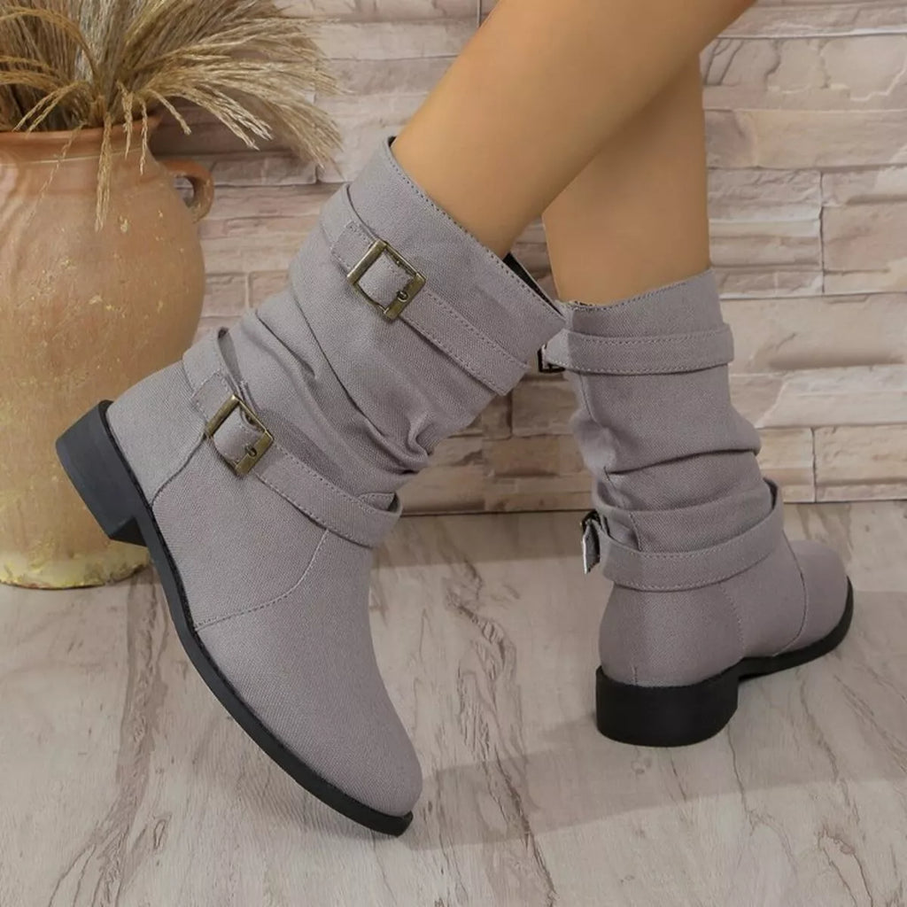 Buckle Accent Block Heel Boots
