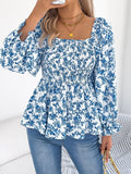 Full Size Floral Print Smocked Long Sleeve Blouse Plus Size