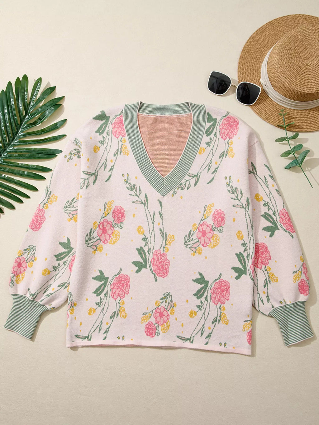 Floral Pattern Striped V Neck Loose Sweater