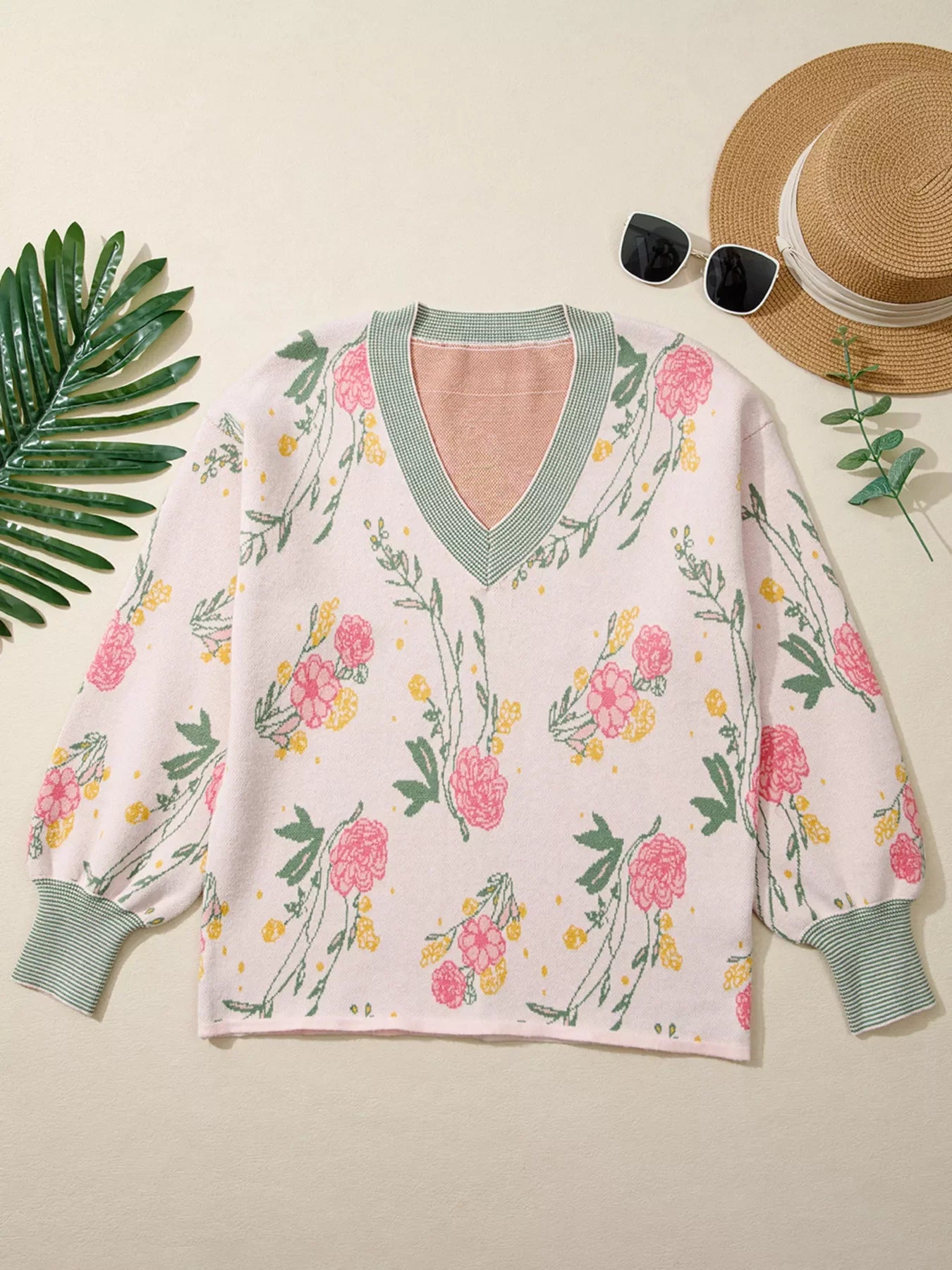 Floral Pattern Striped V Neck Loose Sweater