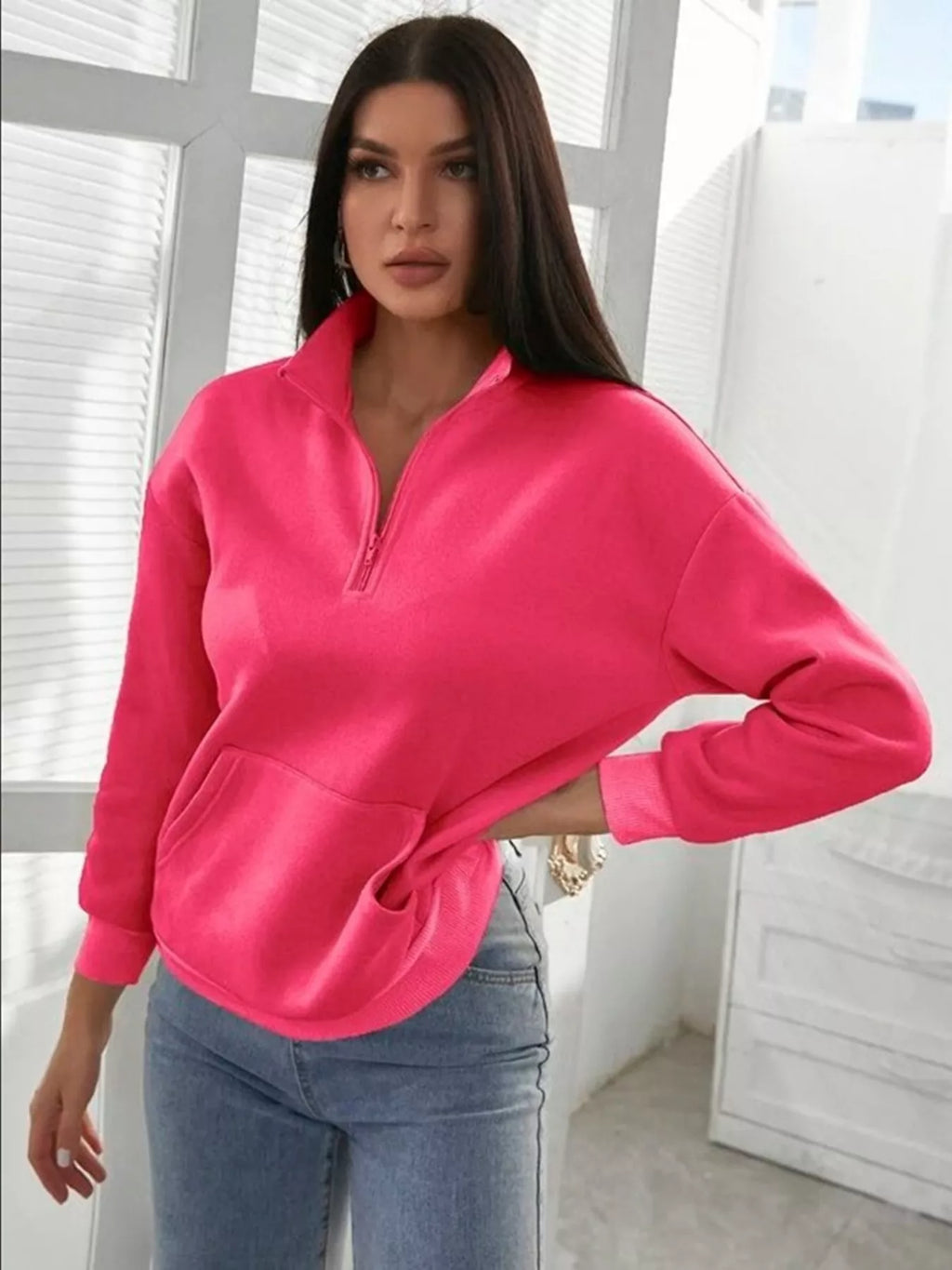 Zip-Up Collar Sweatshirt with Pocket