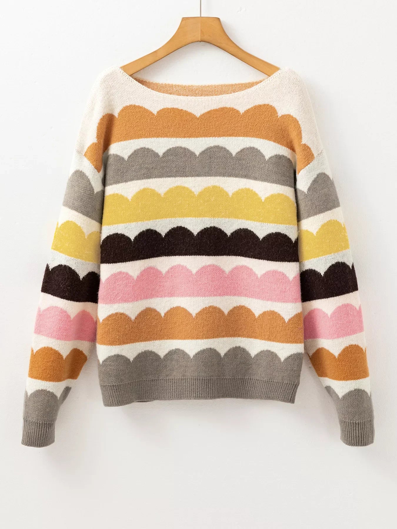 Wave Striped Balloon Sleeve Drop Shoulder Sweater