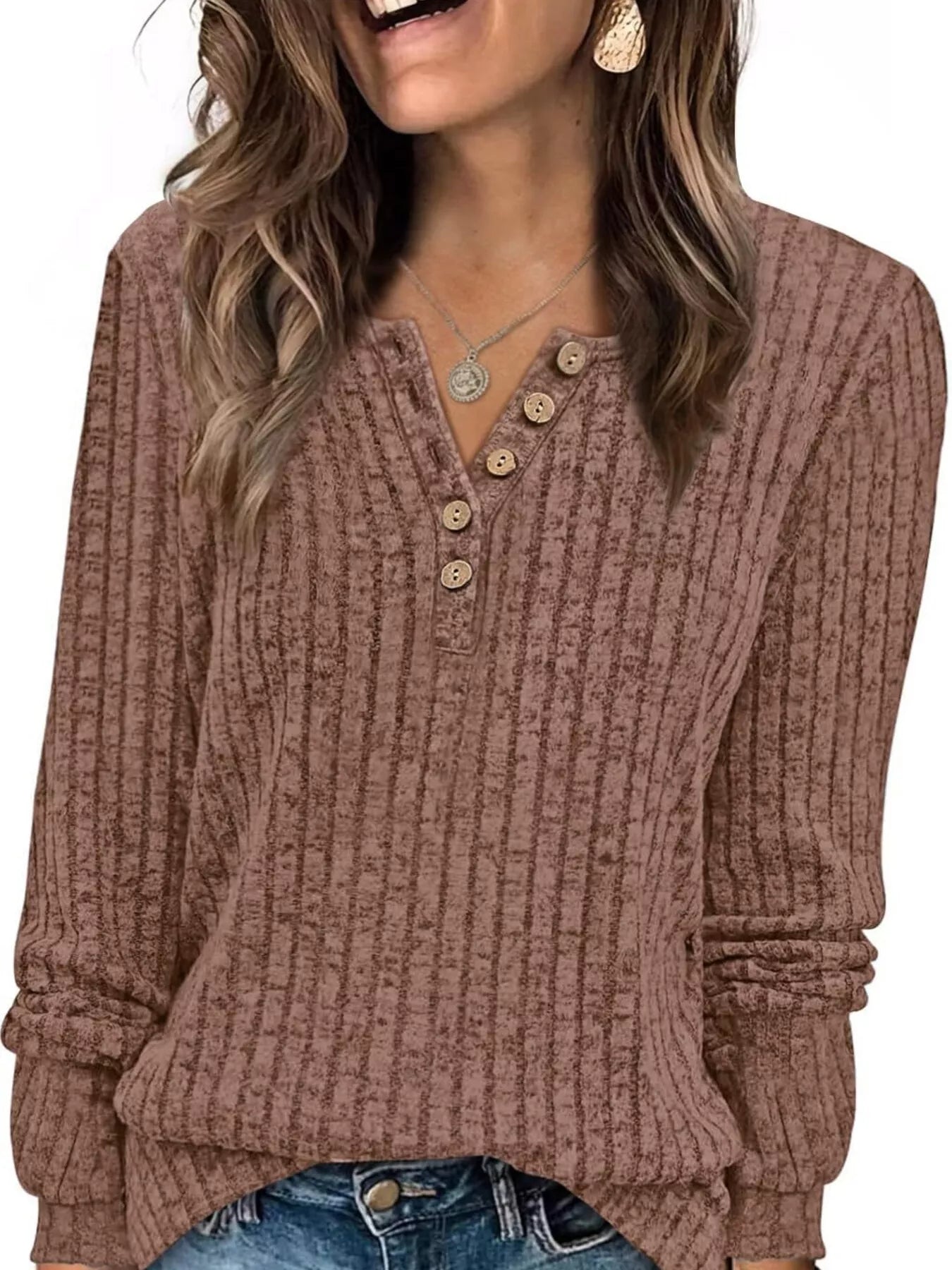 Ribbed Knit Button-Front Long Sleeve T-Shirt