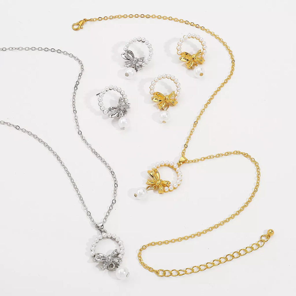 Bowknot Pearl Earrings and Pendant Necklace Jewelry Set