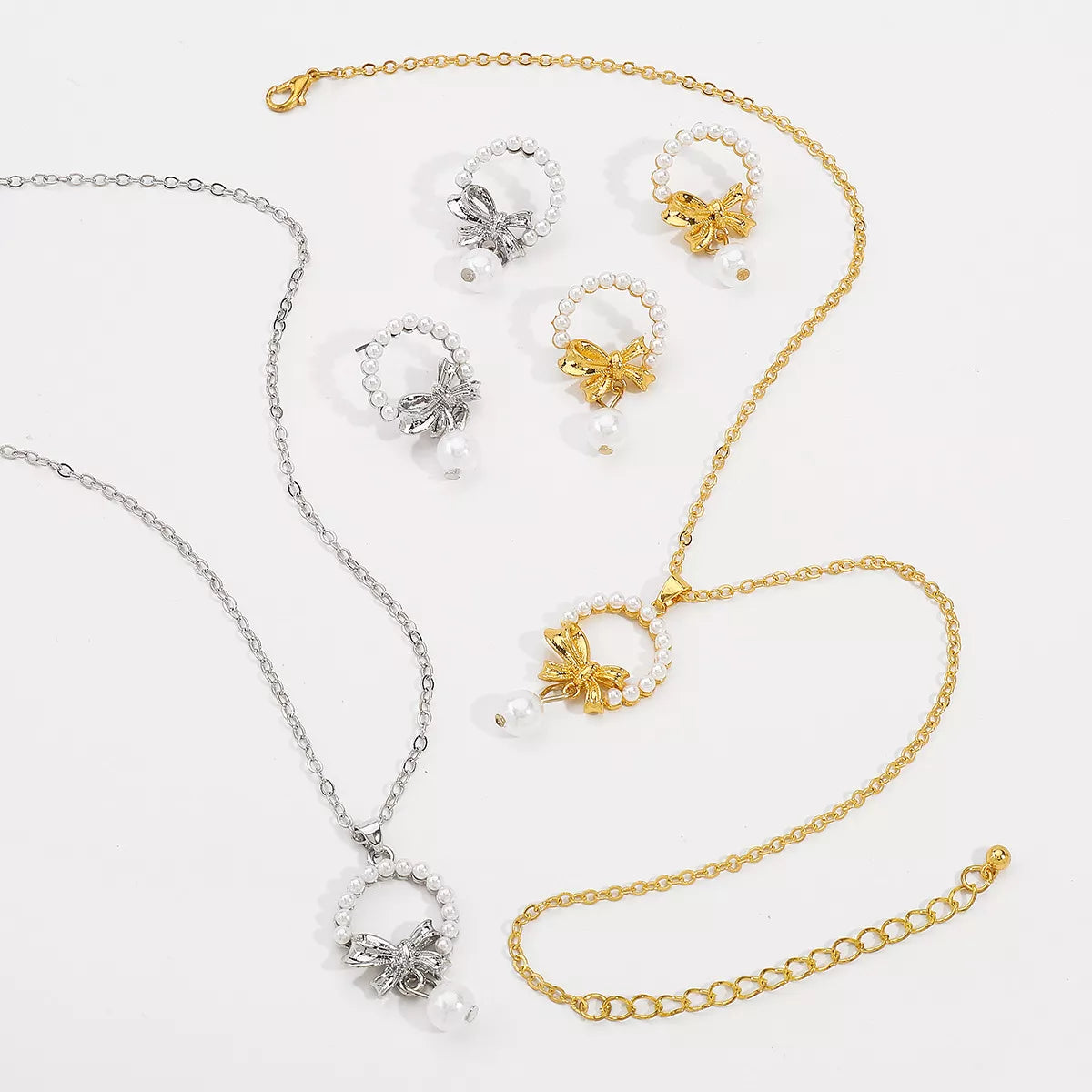 Bowknot Pearl Earrings and Pendant Necklace Jewelry Set