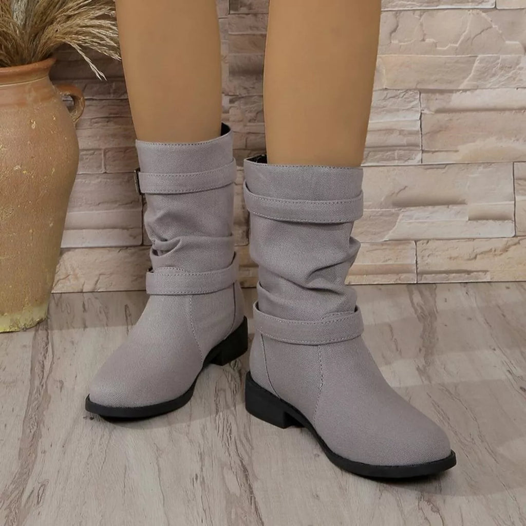 Buckle Accent Block Heel Boots