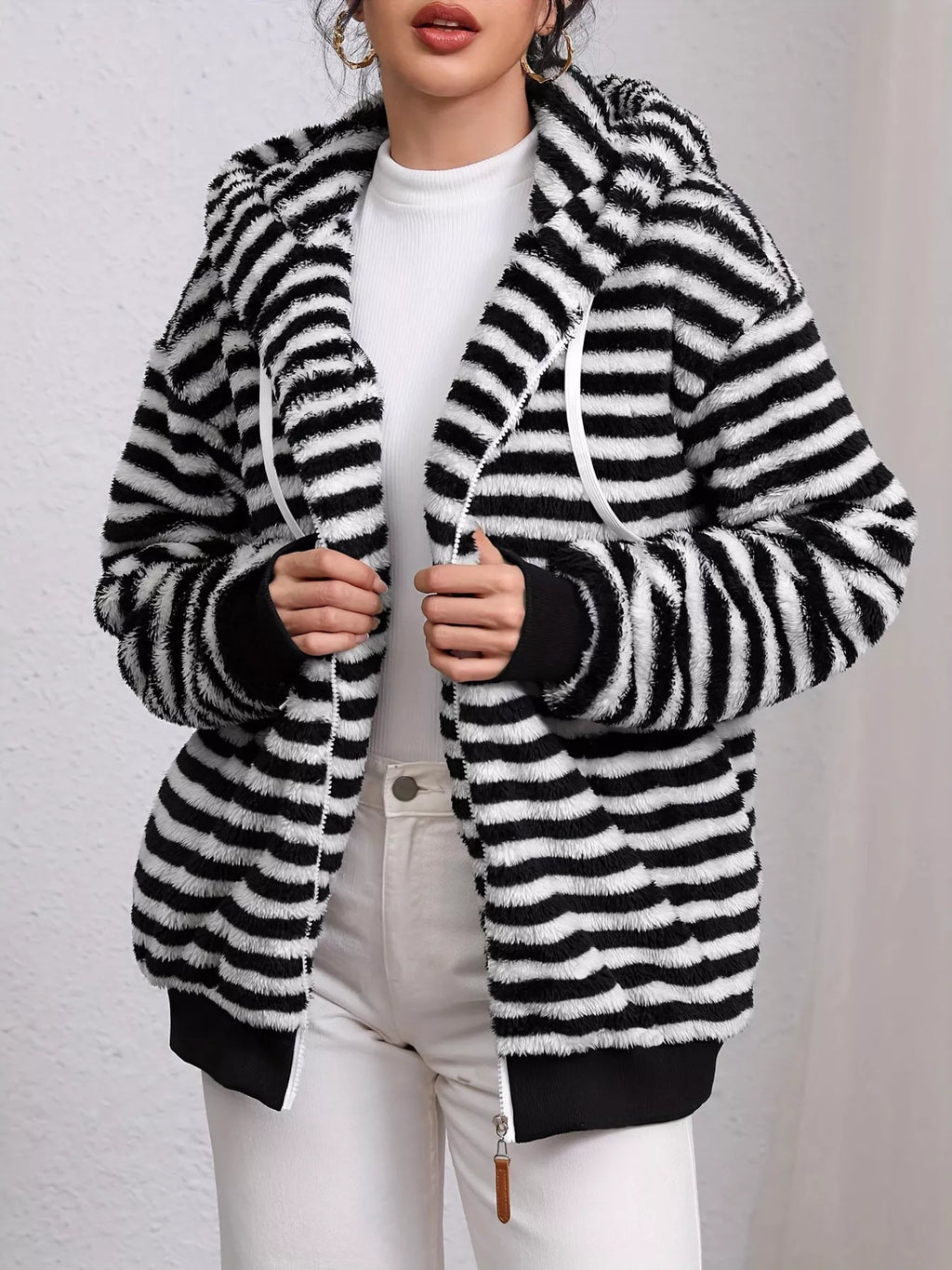 Striped Plush Zip-Up Hooded Outerwear