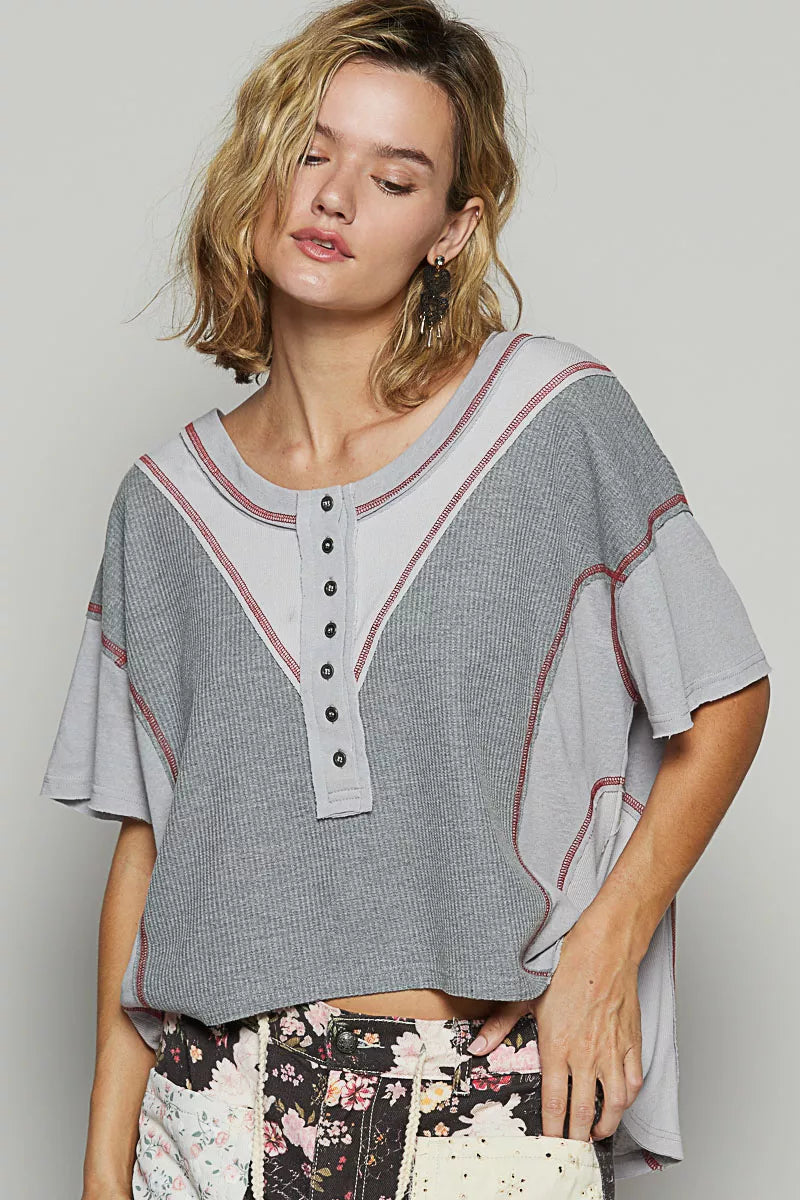 POL Round Neck Short Sleeve Contrast Stitching Top with Back Strap Detail