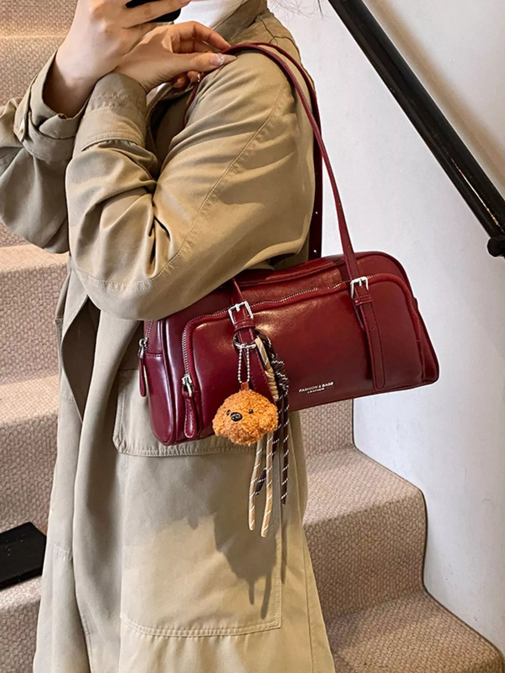Vintage Style Leather Shoulder Bag with Charm