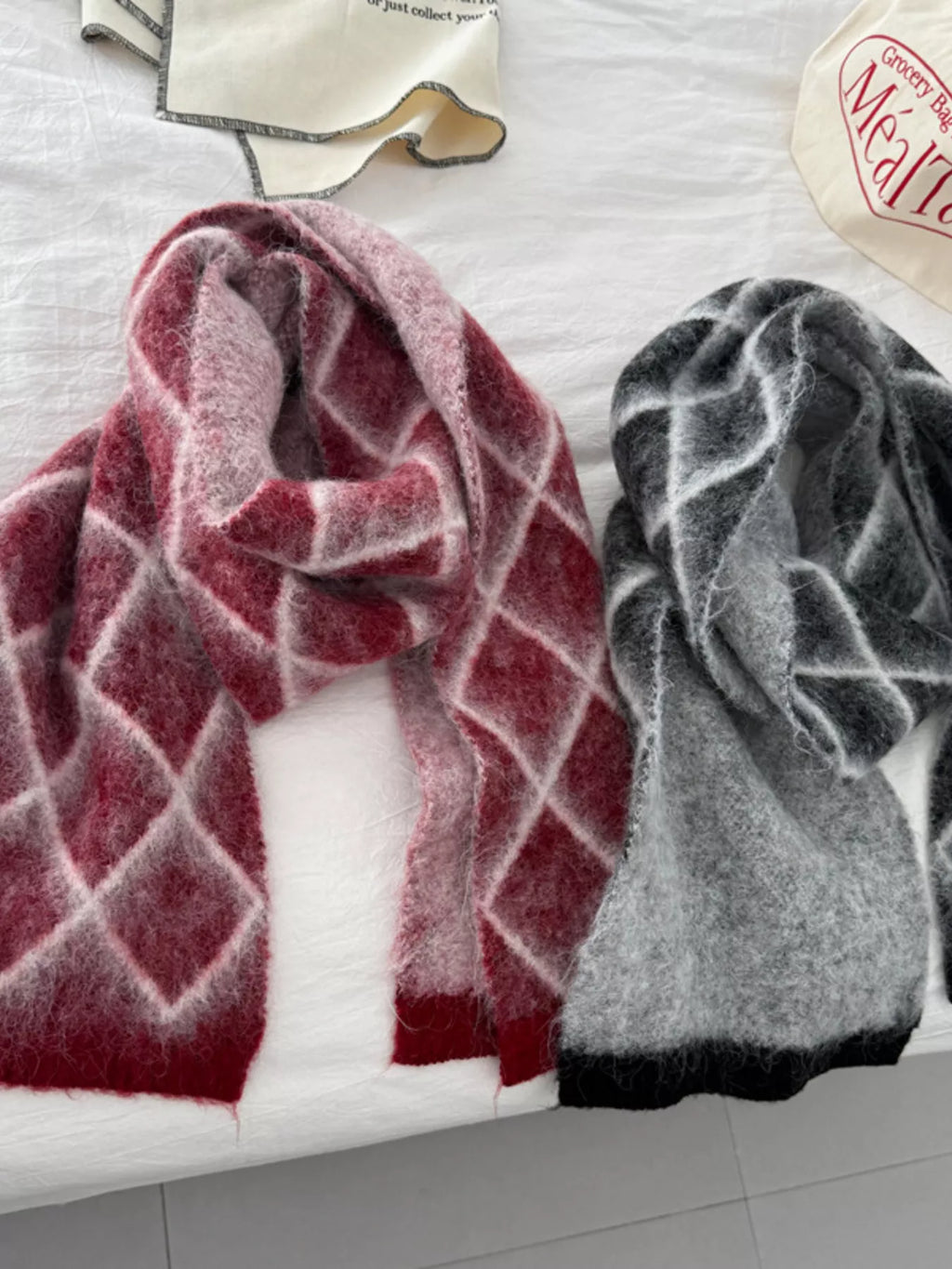 Diamond Pattern Fuzzy Knit Scarf