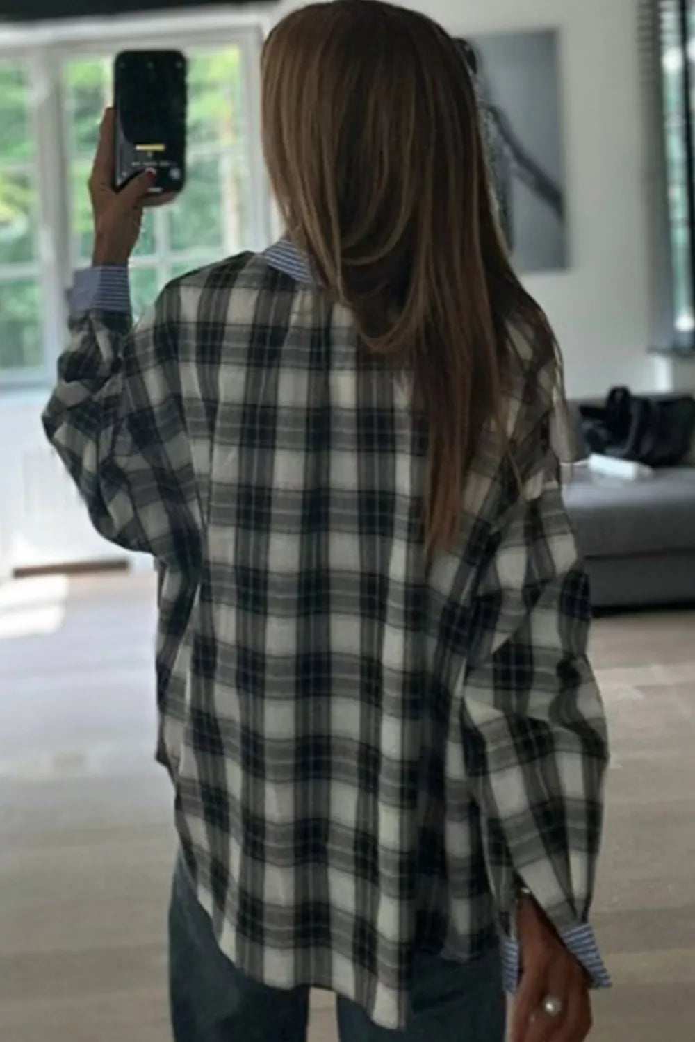 Contrast Striped Edge Half Placket Plaid Blouse