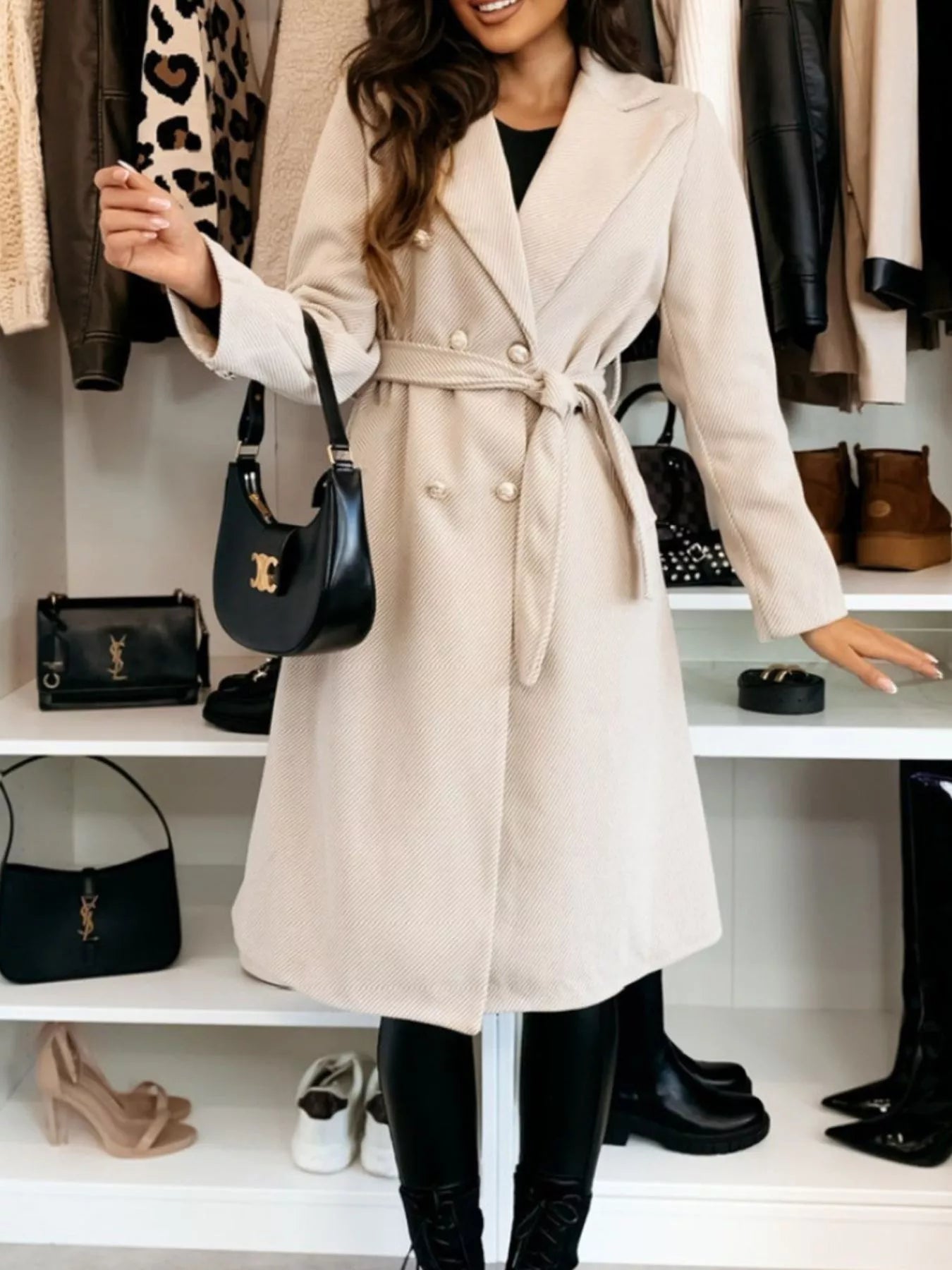 Double-Breasted Tie Waist Overcoat