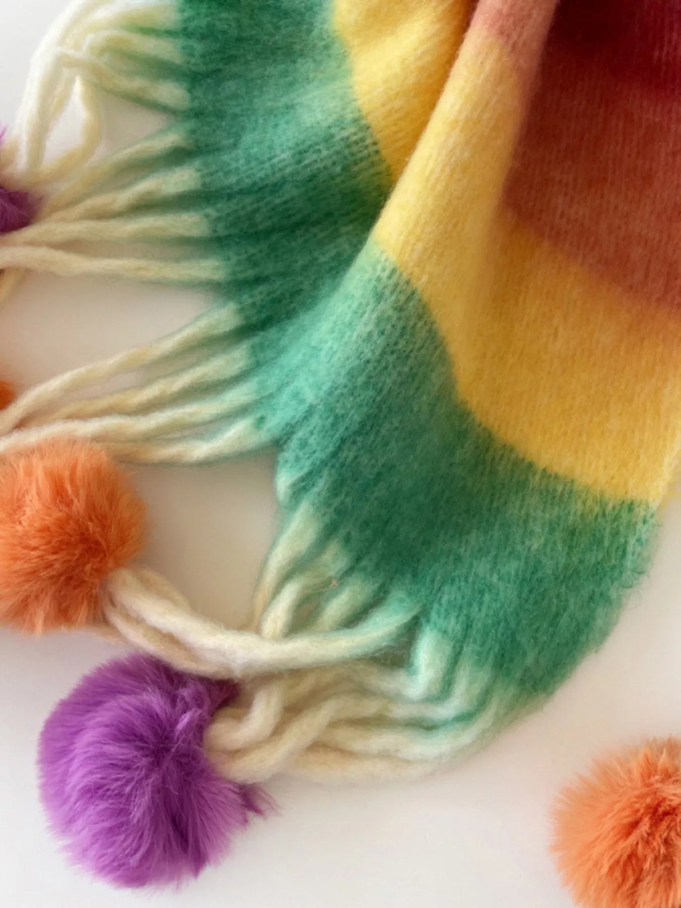 Rainbow Striped Fuzzy Scarf with Pom-Poms