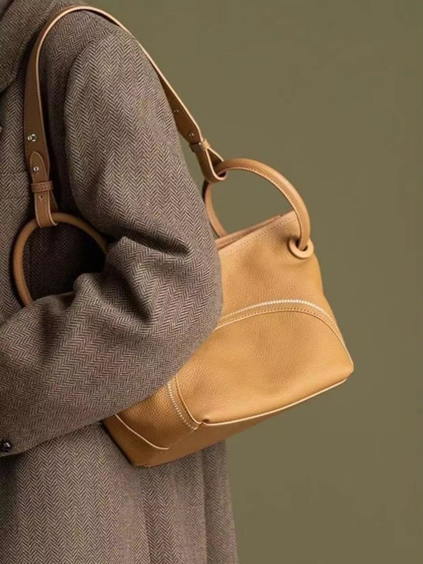Leather Round Handle Tote Bag