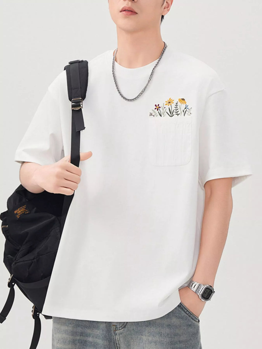 Men's Plus Size Floral Pocket Embroidered Casual T-Shirt