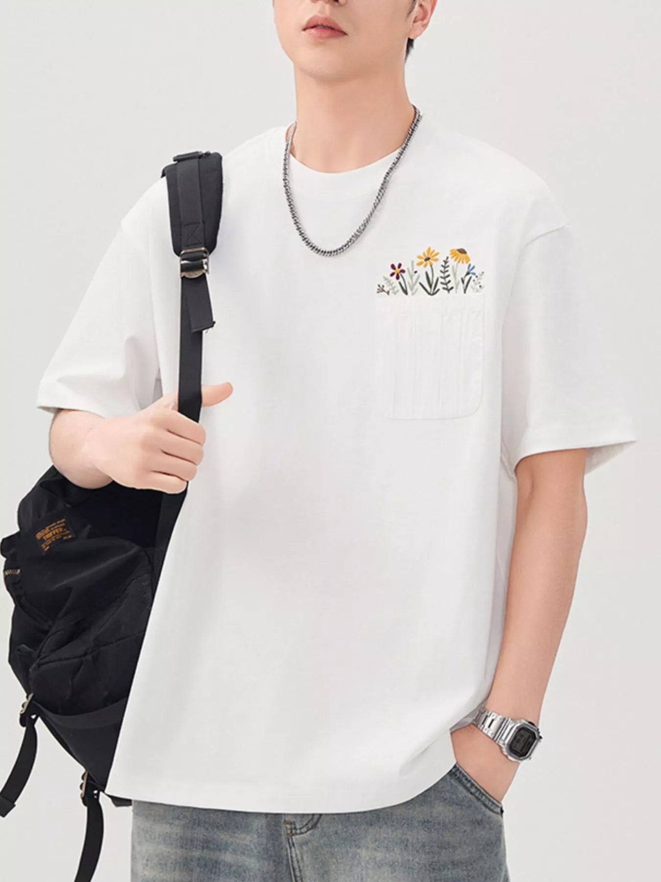 Men's Plus Size Floral Pocket Embroidered Casual T-Shirt