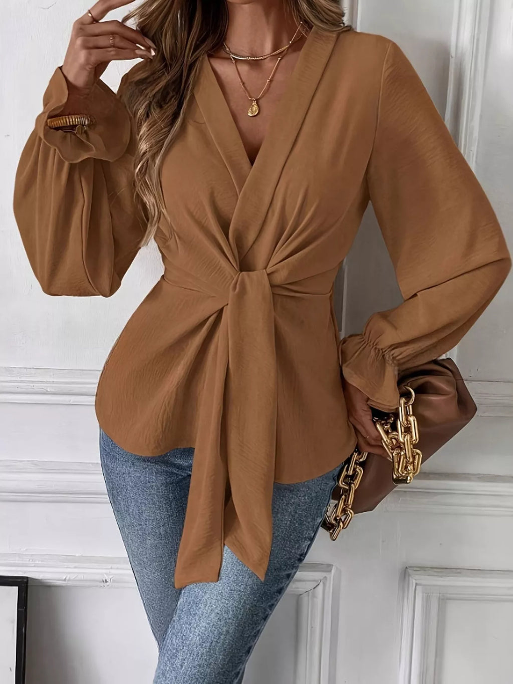 Knot Front Flounce Sleeve Blouse