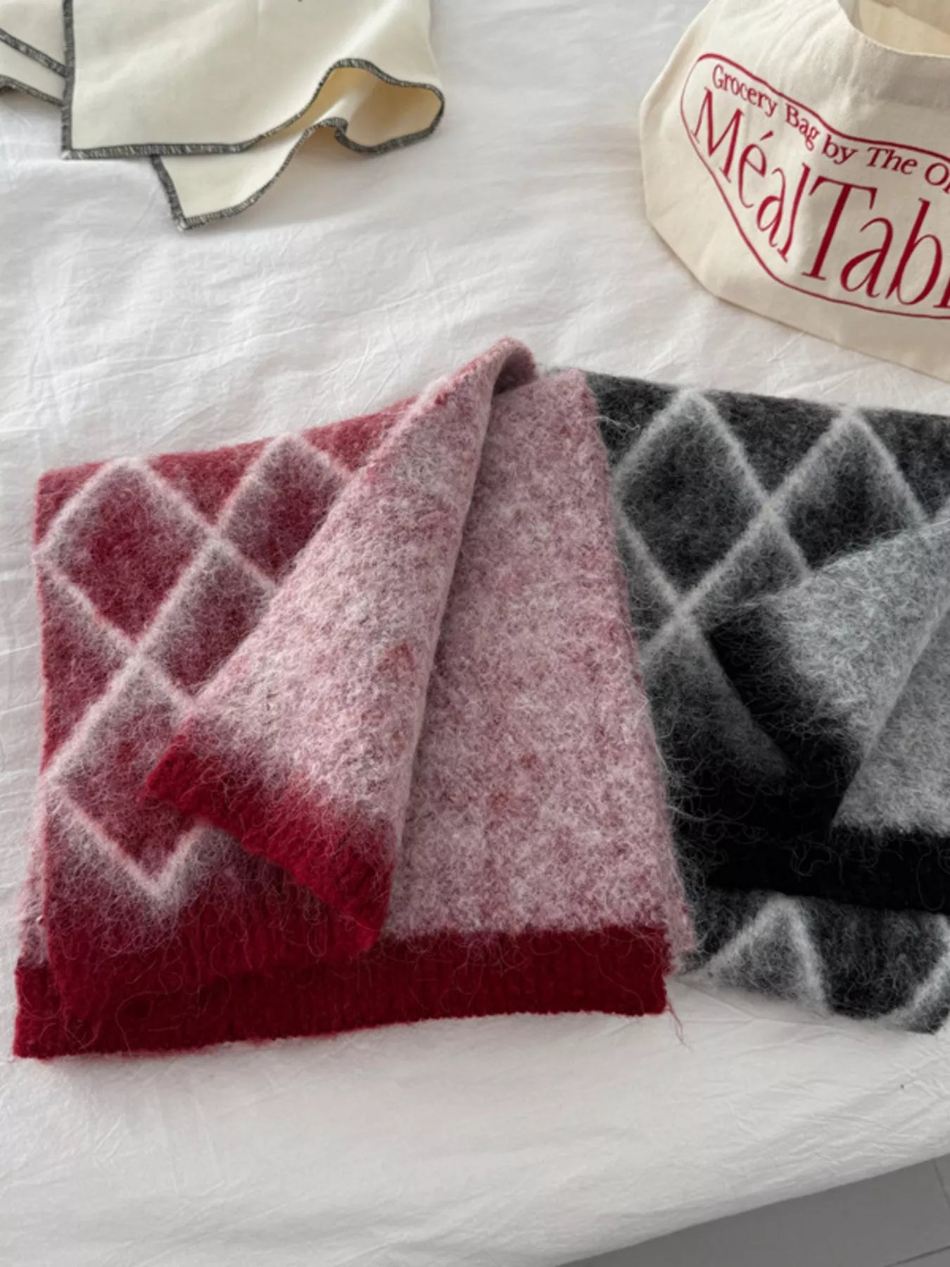 Diamond Pattern Fuzzy Knit Scarf